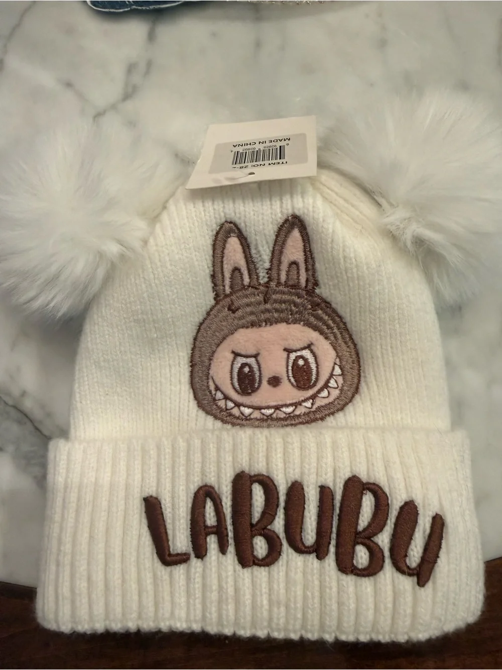 Labubu Kids Pom-Pom Beanie Hat - White with Brown Embroidery